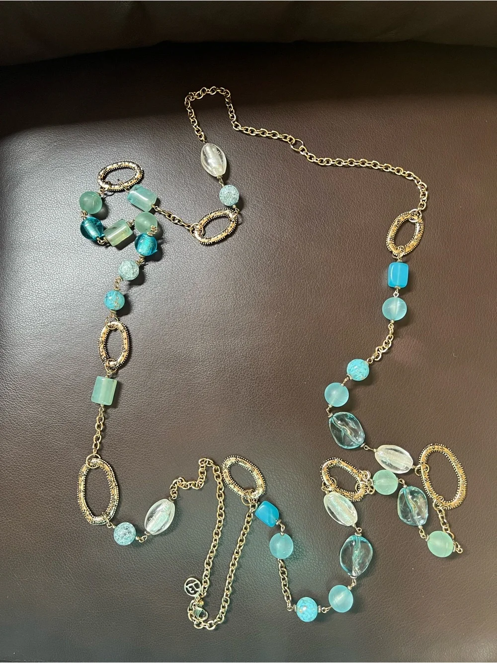 Erica Lyons Necklace Multi-layered Gold-Tone Chain with Blue Aqua Beads 36”